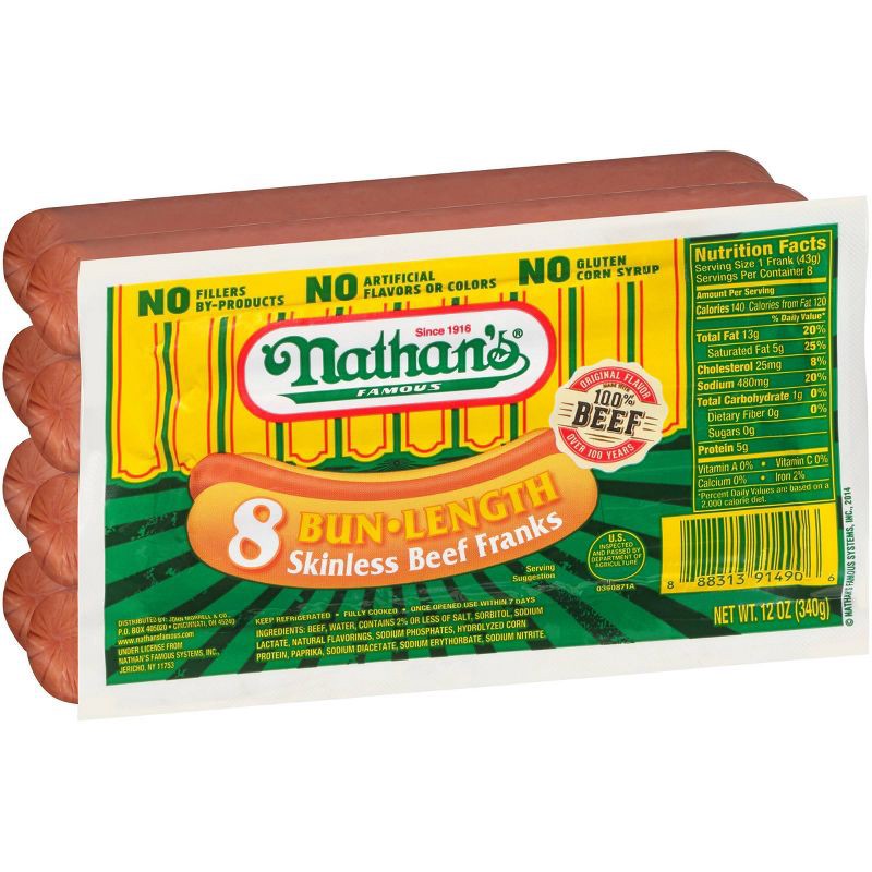 slide 2 of 6, Nathan's Famous Bun Length Skinless Beef Franks - 12oz/8ct, 8 ct; 12 oz