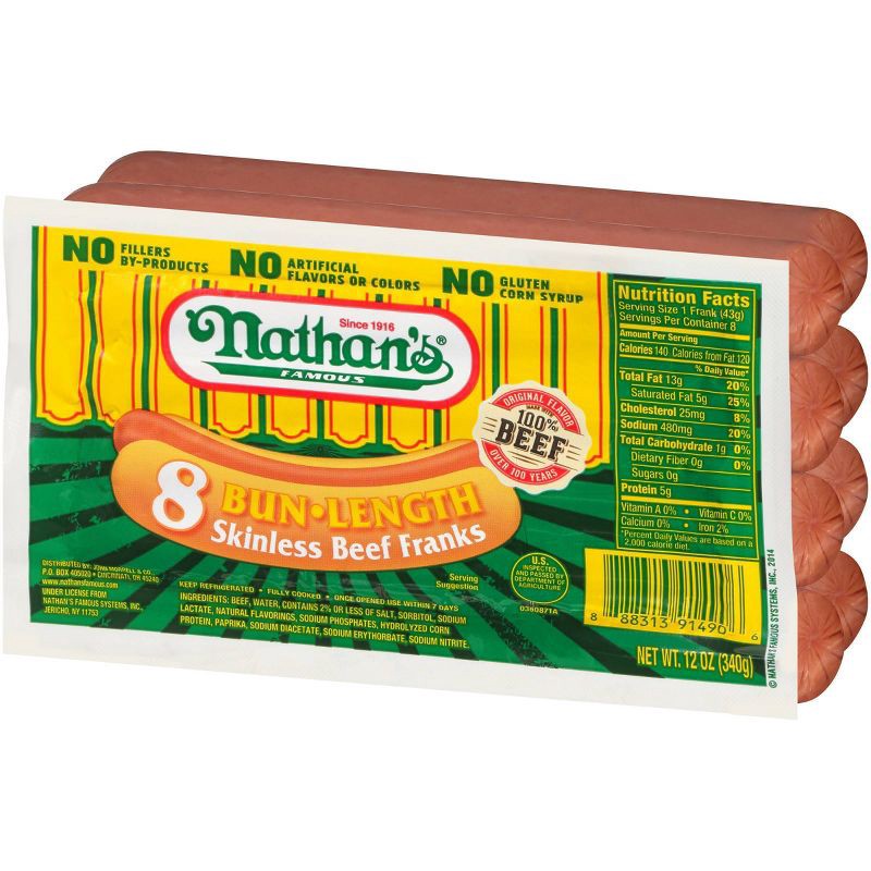 slide 3 of 6, Nathan's Famous Bun Length Skinless Beef Franks - 12oz/8ct, 8 ct; 12 oz