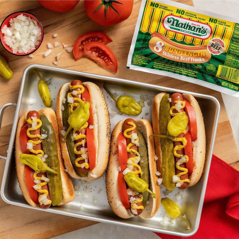 slide 6 of 6, Nathan's Famous Bun Length Skinless Beef Franks - 12oz/8ct, 8 ct; 12 oz