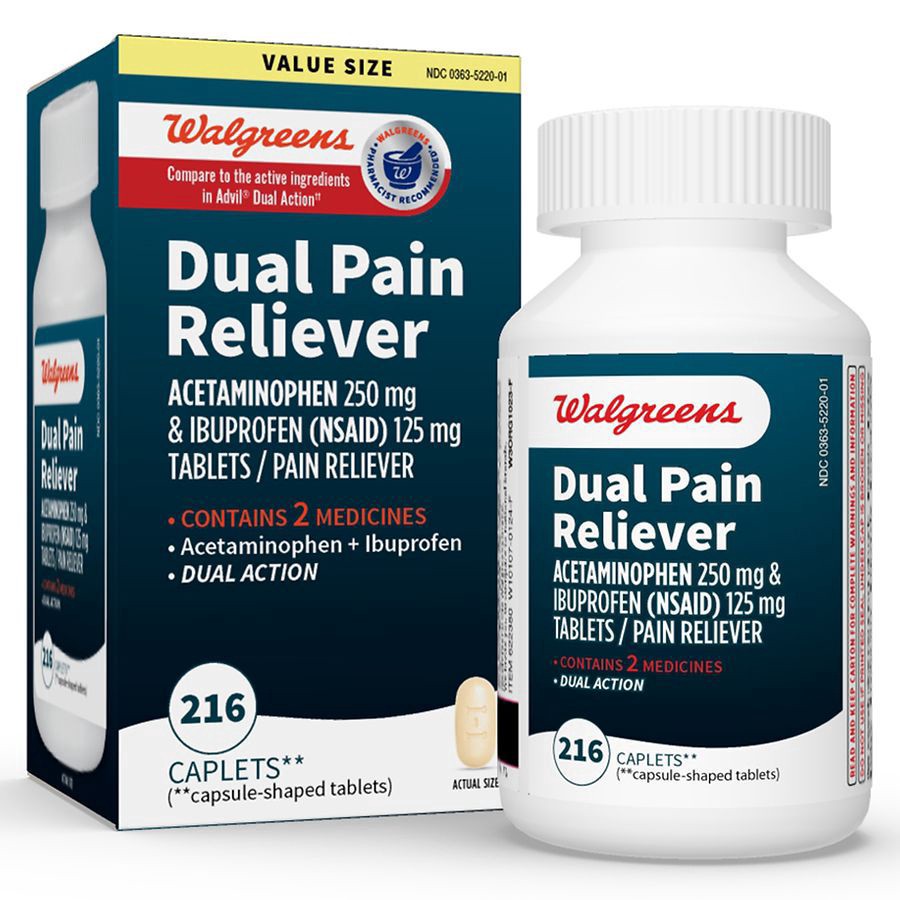 slide 2 of 5, Walgreens Dual Action Acetaminophen 250 mg and Ibuprofen (NSAID) 125 mg Tablets, 216 ct