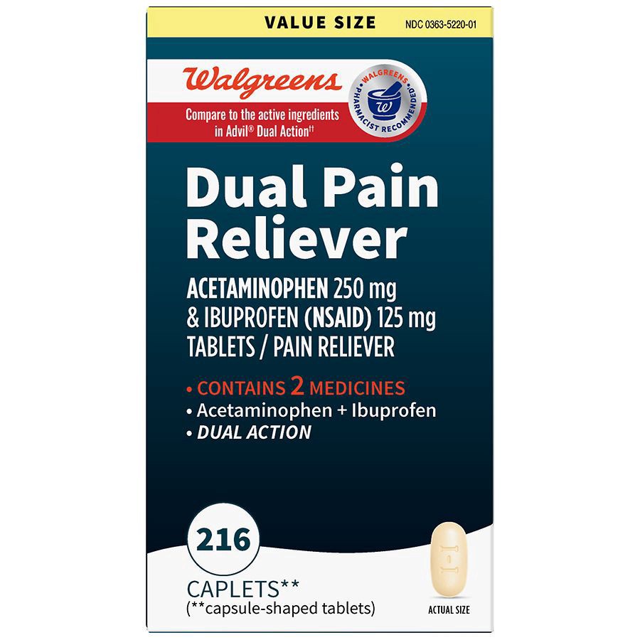 slide 1 of 5, Walgreens Dual Action Acetaminophen 250 mg and Ibuprofen (NSAID) 125 mg Tablets, 216 ct
