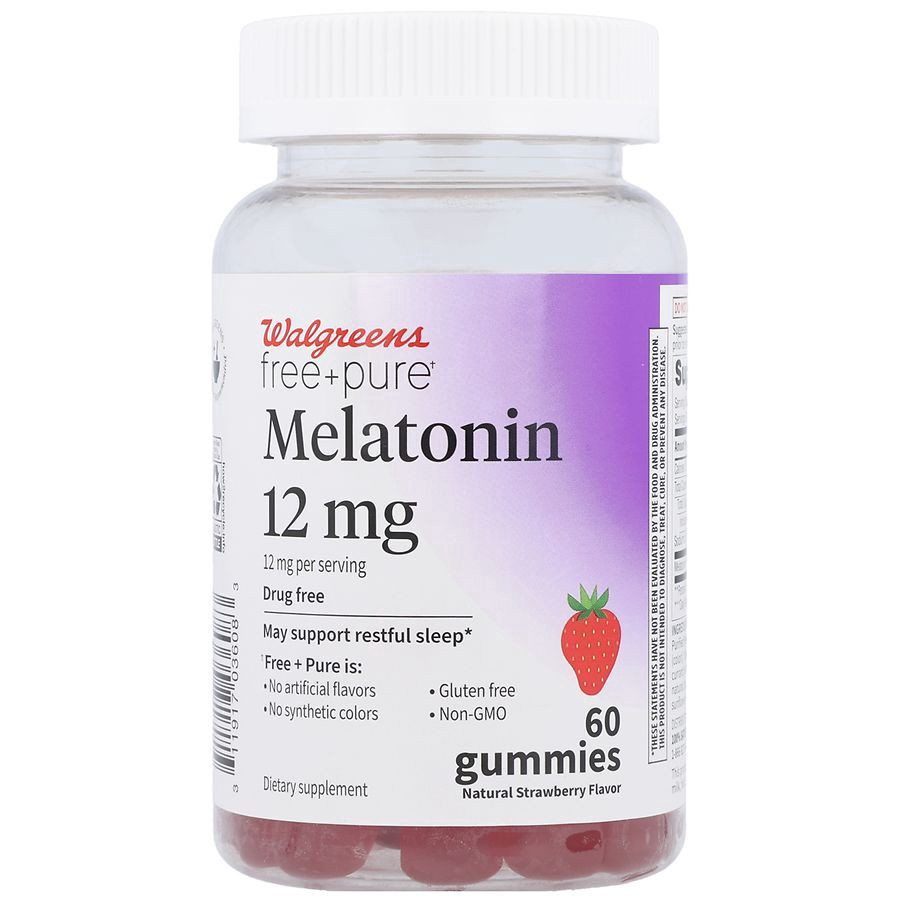 slide 1 of 5, Walgreens Free & Pure Melatonin 12 mg Gummies Natural Strawberry, 60 ct