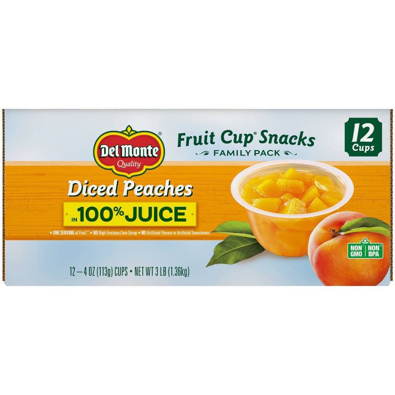 slide 3 of 4, Del Monte Diced Peaches Fruit Cups in 100% Juice - 12ct/48oz, 12 ct; 48 oz
