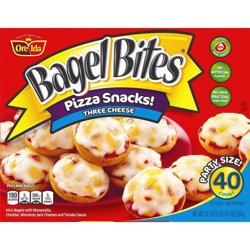 slide 2 of 16, Bagel Bites Three Cheese Mini Pizza Bagel Frozen Snacks - 31.1oz/40ct, 40 ct; 31.1 oz