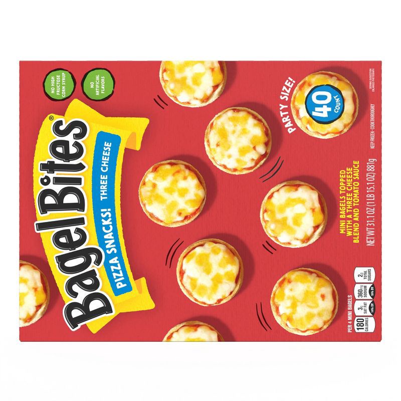 slide 16 of 16, Bagel Bites Three Cheese Mini Pizza Bagel Frozen Snacks - 31.1oz/40ct, 40 ct; 31.1 oz