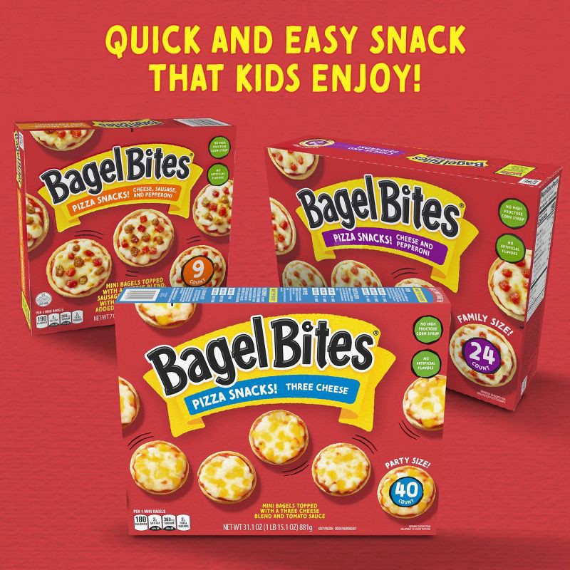 slide 7 of 16, Bagel Bites Three Cheese Mini Pizza Bagel Frozen Snacks - 31.1oz/40ct, 40 ct; 31.1 oz