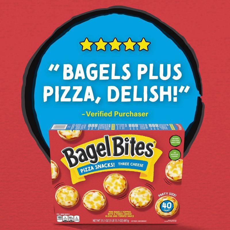 slide 8 of 16, Bagel Bites Three Cheese Mini Pizza Bagel Frozen Snacks - 31.1oz/40ct, 40 ct; 31.1 oz