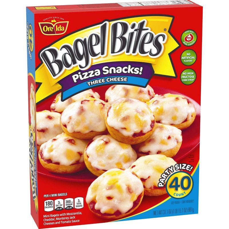 slide 11 of 16, Bagel Bites Three Cheese Mini Pizza Bagel Frozen Snacks - 31.1oz/40ct, 40 ct; 31.1 oz