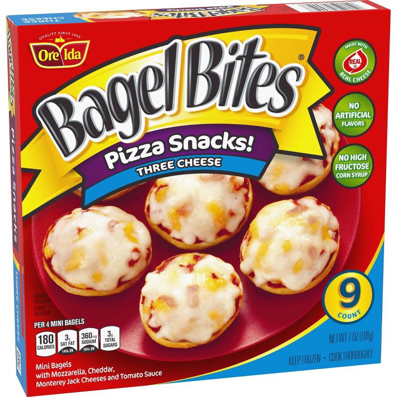 slide 10 of 13, Bagel Bites Three Cheese Mini Pizza Bagel Frozen Snacks - 7oz/9ct, 7 oz, 9 ct