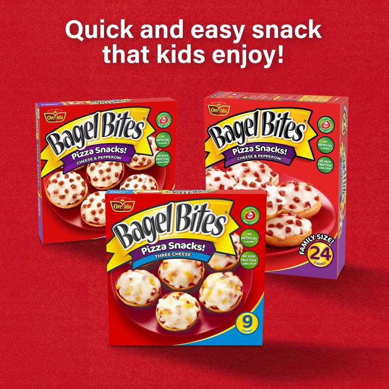 slide 10 of 10, Bagel Bites Three Cheese Mini Pizza Bagel Frozen Snacks - 7oz/9ct, 7 oz, 9 ct