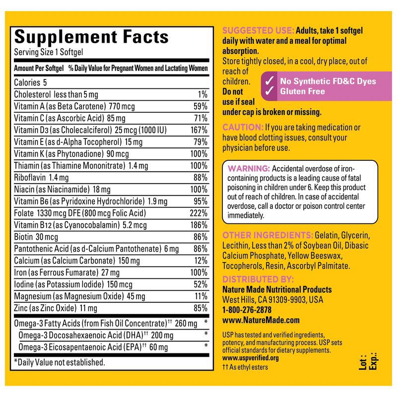 slide 3 of 10, Nature Made Prenatal with Folic Acid + DHA, Prenatal Vitamin and Mineral Supplement Softgels - 90ct, 90 ct