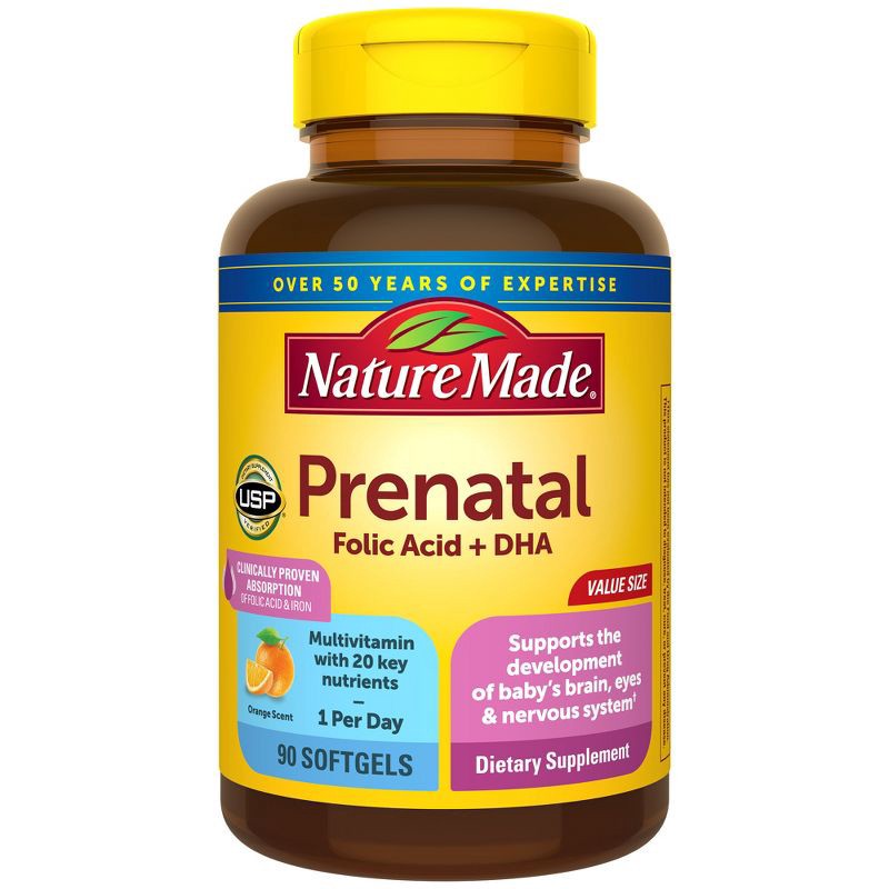 slide 1 of 10, Nature Made Prenatal with Folic Acid + DHA, Prenatal Vitamin and Mineral Supplement Softgels - 90ct, 90 ct