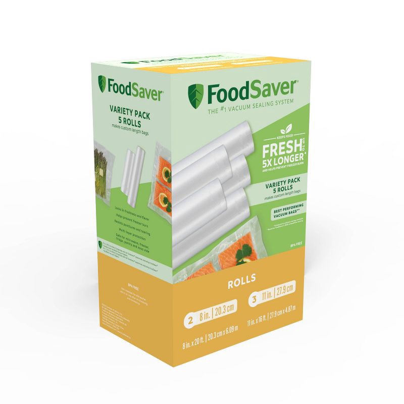 slide 1 of 3, FoodSaver 8"& 11" Heat-Seal Rolls - FSFSBF0746-000: Vacuum Sealer Bags, Clear Plastic, 5 Pieces, FoodSaver Seals, 5 ct