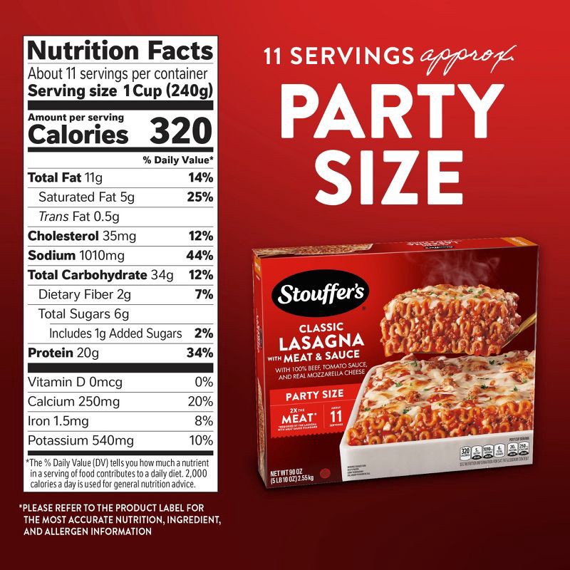 slide 6 of 8, Stouffer's Party Size Frozen Lasagna with Meat & Sauce - 90oz, 90 oz