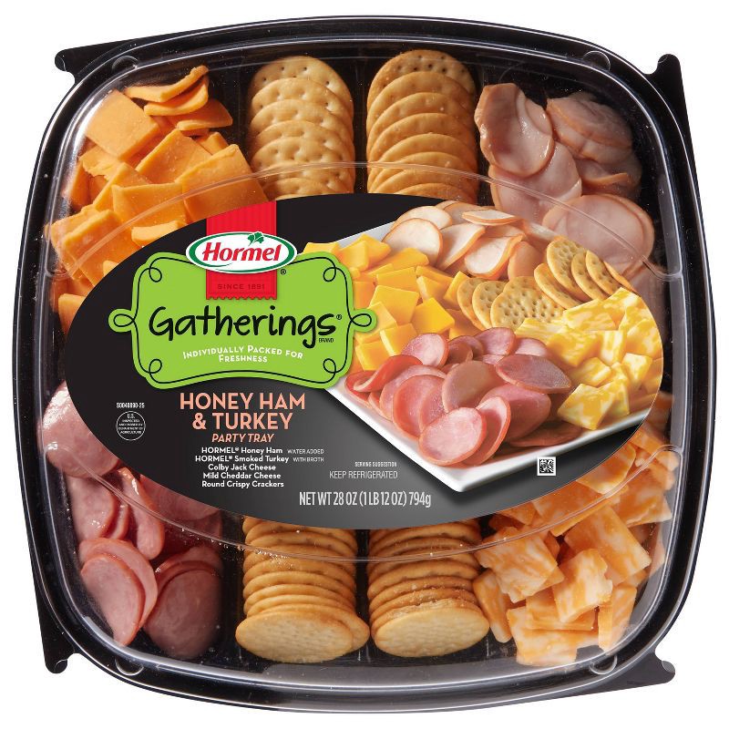 slide 1 of 8, Hormel Gatherings Honey Ham, Turkey, Cheese & Crackers Party Tray - 28oz, 28 oz