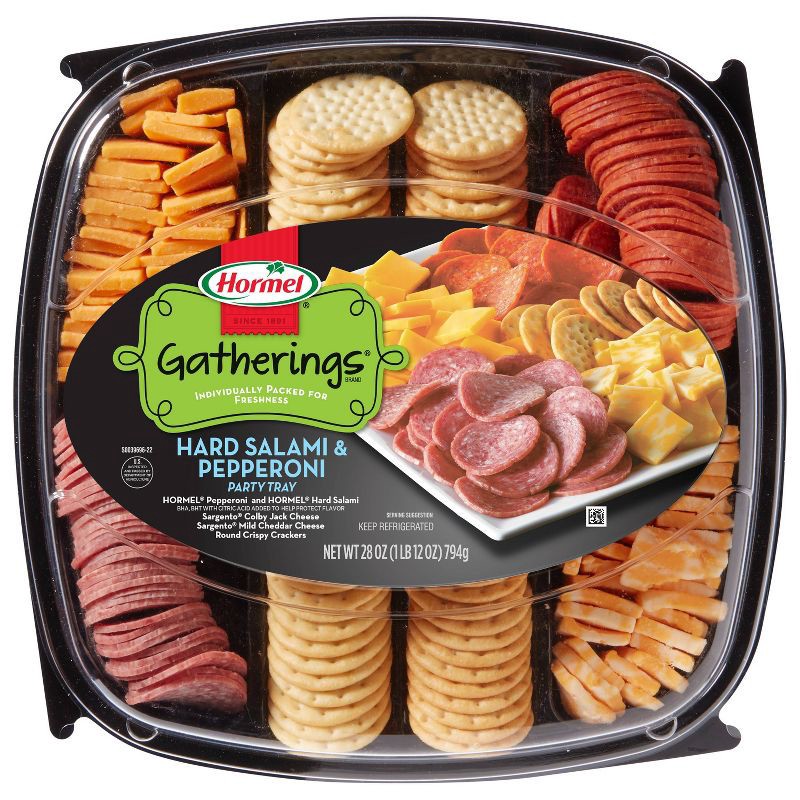 slide 1 of 7, Hormel Gatherings Hard Salami, Pepperoni, Cheese & Crackers Party Tray - 28oz, 28 oz