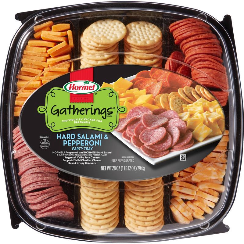slide 1 of 5, Hormel Gatherings Hard Salami, Pepperoni, Cheese & Crackers Party Tray - 28oz, 28 oz
