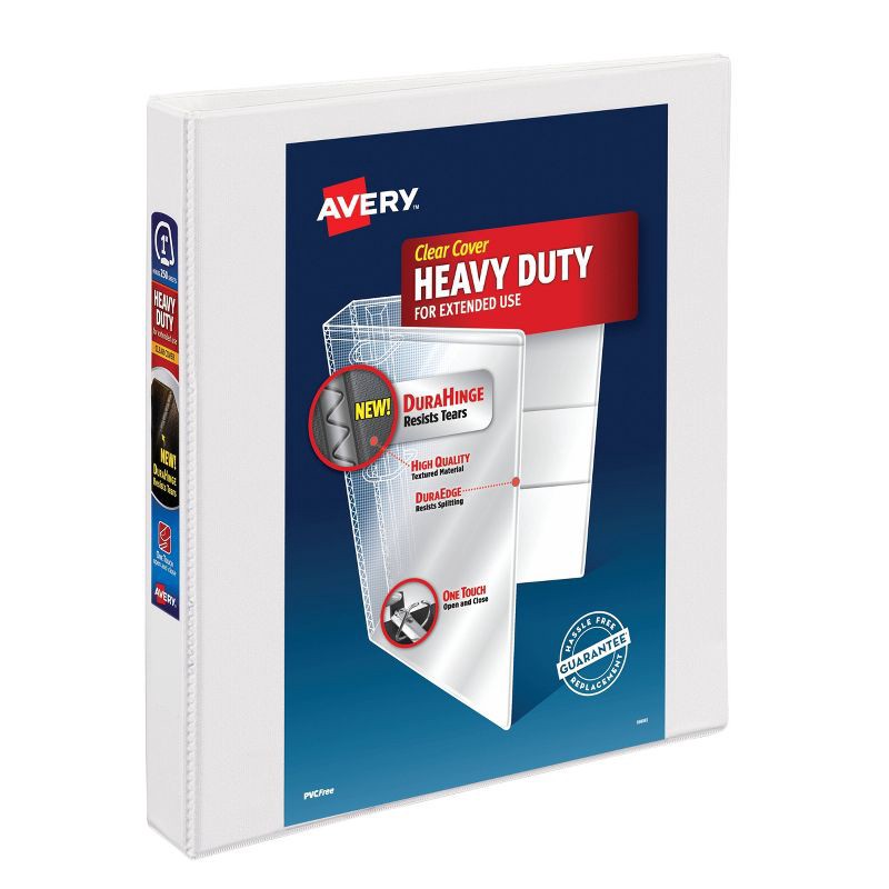 slide 1 of 5, Avery 1" Ring Binder, Heavy Duty with Clear Cover - White: Polypropylene D-Rings, 250 Sheet Capacity, 4 Internal Pockets, 1 ct