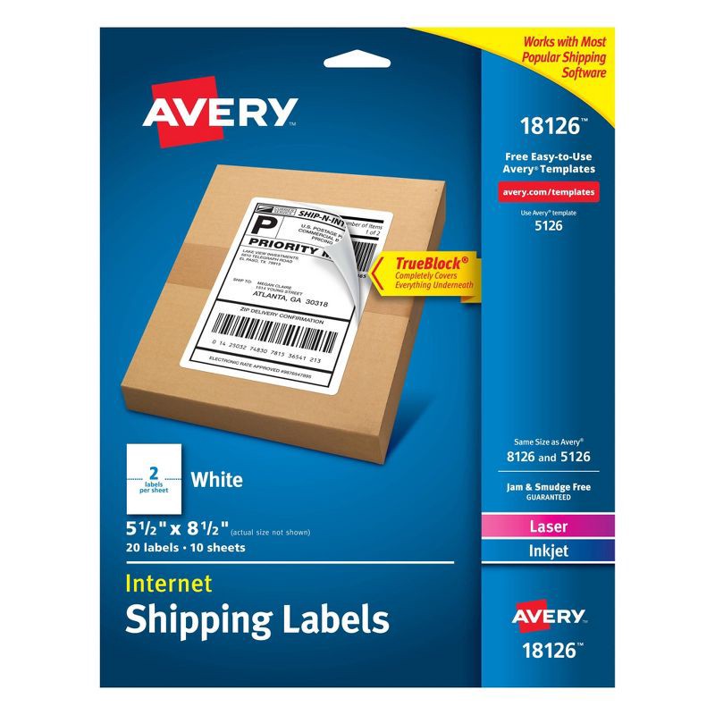 slide 1 of 5, Avery 5 1/2" x 8 1/2" 20ct Internet Shipping Labels - White, 20 ct