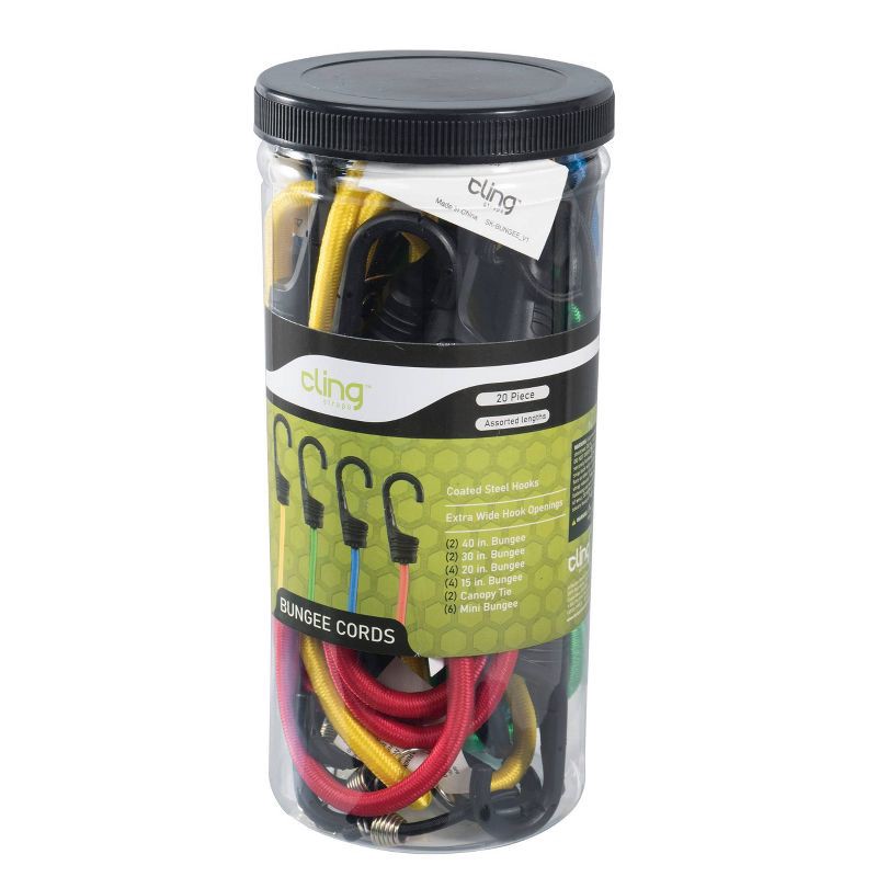 slide 2 of 3, Cling 20pc Assorted Bungee Cords: Multicolor Nylon Tie Downs with Hooks, Smallest Bungee Straps, 90-Day Warranty, 20 ct