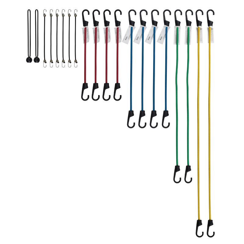 slide 3 of 3, Cling 20pc Assorted Bungee Cords: Multicolor Nylon Tie Downs with Hooks, Smallest Bungee Straps, 90-Day Warranty, 20 ct
