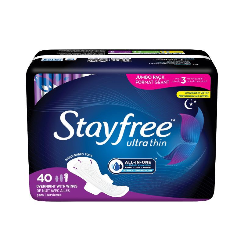 slide 3 of 7, Stayfree Ultra Thin Pads with Wings - Unscented - Overnight - 40ct, 40 ct