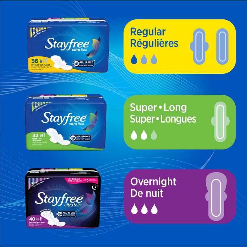 slide 4 of 7, Stayfree Ultra Thin Pads with Wings - Unscented - Overnight - 40ct, 40 ct