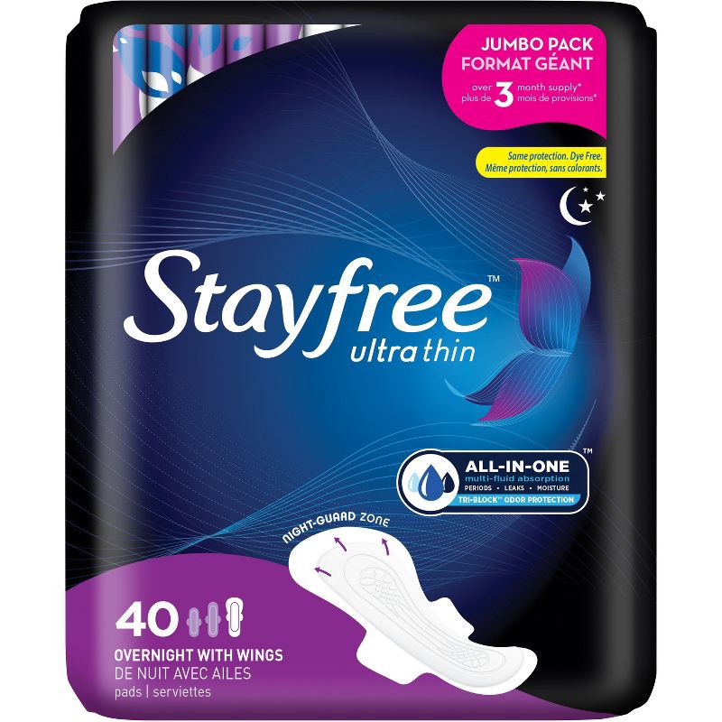 slide 1 of 7, Stayfree Ultra Thin Pads with Wings - Unscented - Overnight - 40ct, 40 ct