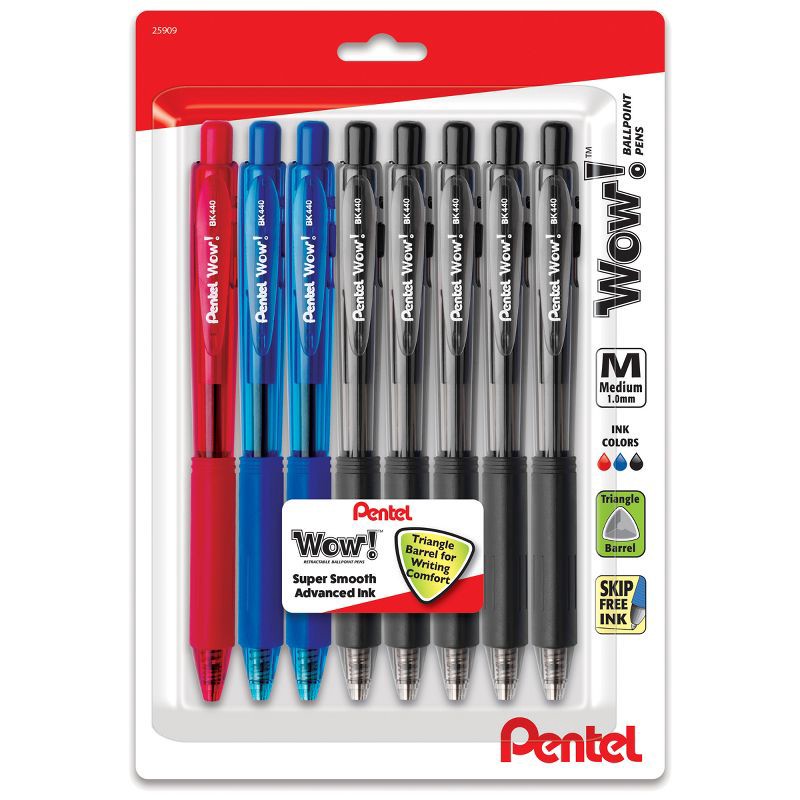 slide 1 of 6, 8ct Wow! Ballpoint Pens 1mm Black/Blue/Red - Pentel: Retractable Click Pens for Art & Office, 8 Pack, 8 ct