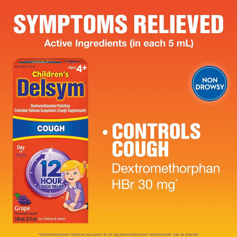 slide 4 of 6, Children's Delsym Cough Relief Liquid - Dextromethorphan - Grape - 5 fl oz, 5 fl oz