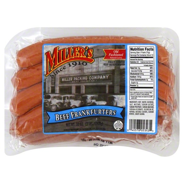 slide 1 of 1, Miller's Old Fashioned Beef Franks, 28 oz