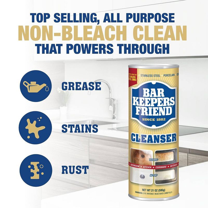 slide 2 of 10, Bar Keepers Friend Bleach & Phosphate Free, Multipurpose Household Cleanser & Polish for Kitchen, Bath, Cookware & Outdoors - 21oz, 21 oz
