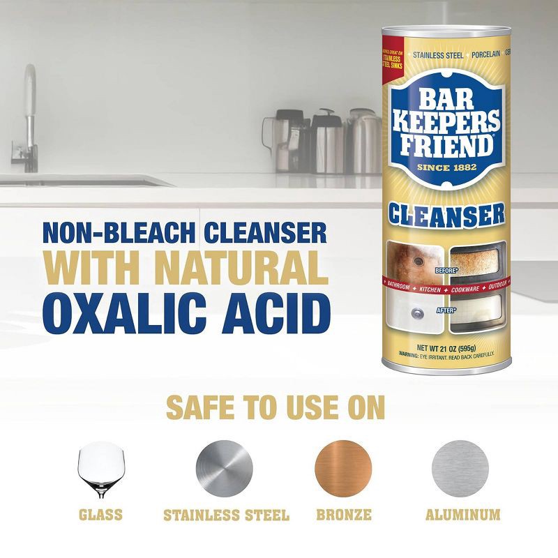 slide 5 of 10, Bar Keepers Friend Bleach & Phosphate Free, Multipurpose Household Cleanser & Polish for Kitchen, Bath, Cookware & Outdoors - 21oz, 21 oz