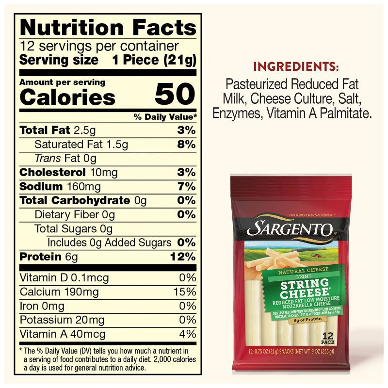 slide 4 of 8, Sargento Reduced Fat Light Natural Mozzarella String Cheese - 9oz/12ct, 12 ct; 9 oz