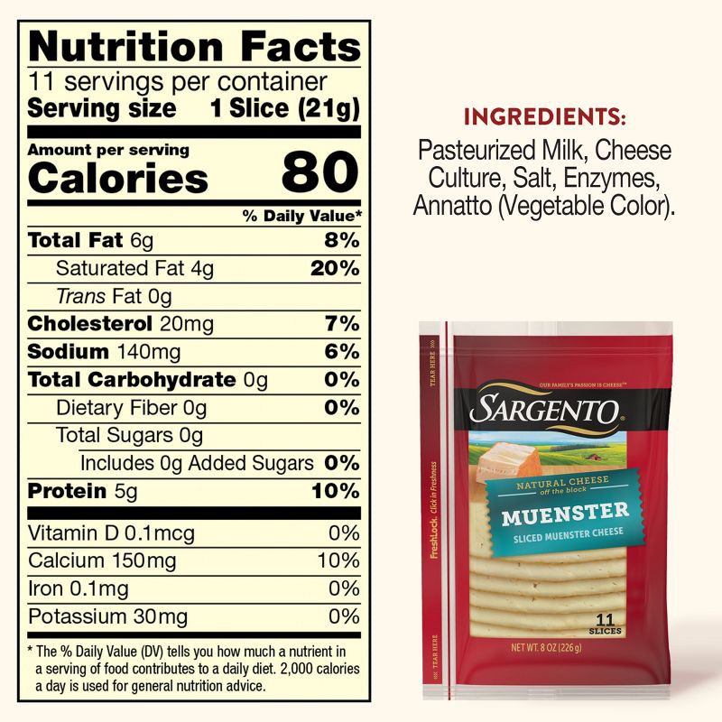 slide 3 of 8, Sargento Natural Muenster Sliced Cheese - 8oz/11 slices, 8 oz