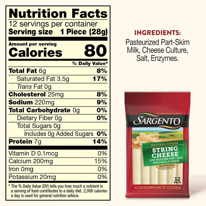slide 5 of 8, Sargento Natural Mozzarella String Cheese - 12oz/12ct, 12 ct; 12 oz