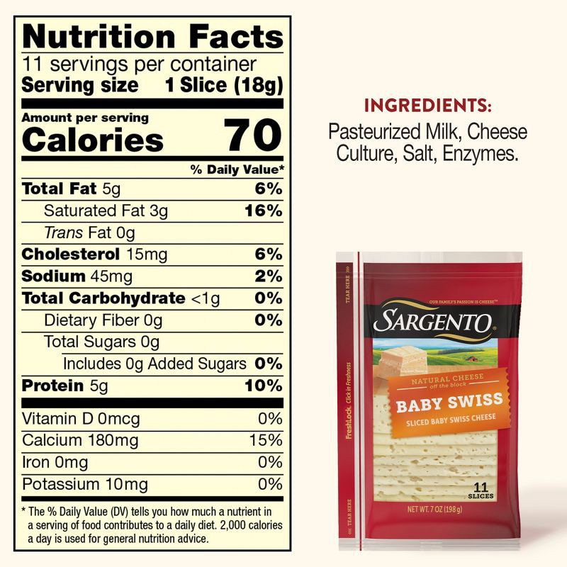 slide 3 of 9, Sargento Natural Baby Swiss Sliced Cheese - 7.5oz/11 slices, 7.5 oz