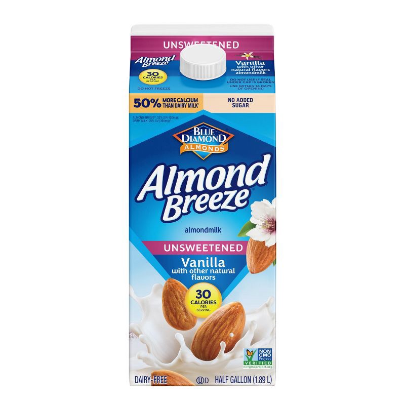 slide 1 of 8, Almond Breeze Unsweetened Vanilla Almond Milk - 0.5gal, 1/2 gal