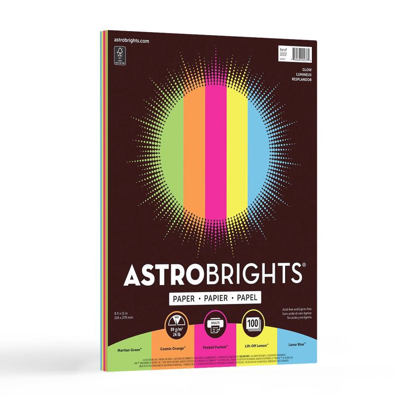 slide 1 of 6, Astrobrights Colored Paper 8.5" x 11" 24lb 100ct Glow, 24 lb, 100 ct