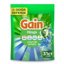 Gain Flings Liquid Washing Detergent pacs, Now with Odor Defense + Color Guard, Waterfall Delight Scent, 31 Count, 4-In-1 liquid laundry detergent pacs (Oxi, up to all day scent, Febreze Odor Defense and color guard), clean & fresh