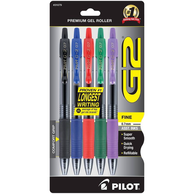 slide 1 of 6, Pilot 5pk G2 Gel Pens Fine Point 0.7mm Multicolored Ink, 5 ct