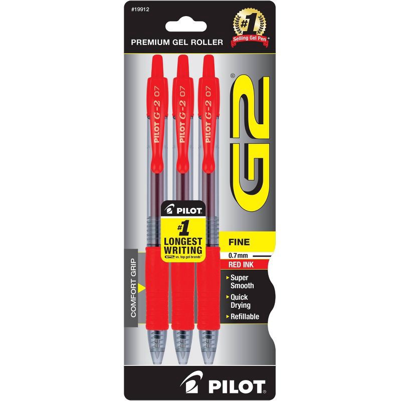 slide 1 of 6, Pilot 3pk G2 Gel Pens Fine Point 0.7mm Red Ink, 3 ct