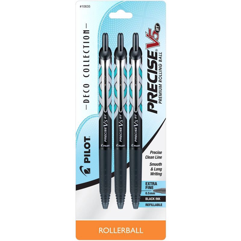 slide 1 of 3, Pilot 3ct Precise V5 Rolling Ball Pens Extra Fine Point 0.5mm Art Deco Collection Black Ink: Precision V5, Stationery, Rubber Grip, 3 ct