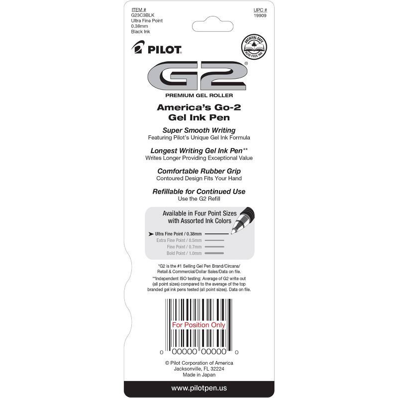 slide 6 of 6, Pilot 3pk G2 Gel Pens Ultra Fine Point 0.38mm Black Ink, 3 ct