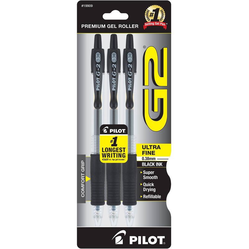 slide 1 of 6, Pilot 3pk G2 Gel Pens Ultra Fine Point 0.38mm Black Ink, 3 ct