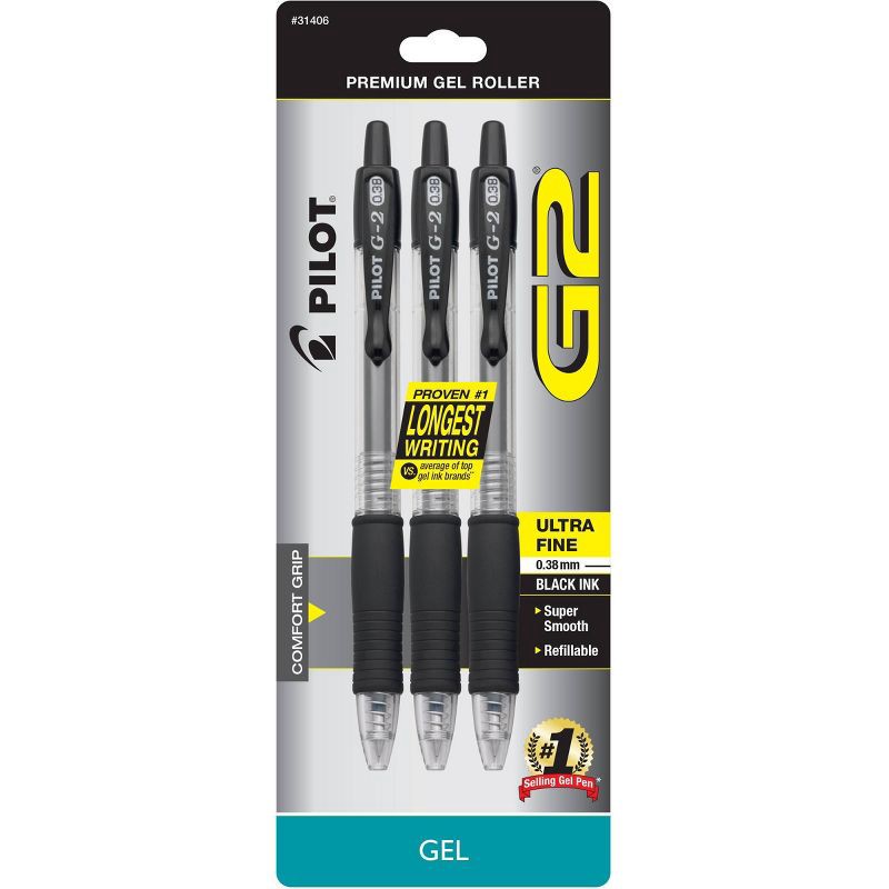 slide 1 of 3, Pilot 3ct G2 Gel Pens Ultra Fine Point 0.38mm Black Ink: Retractable, Rubber Grip, Stationery & Office Supplies, 3 ct