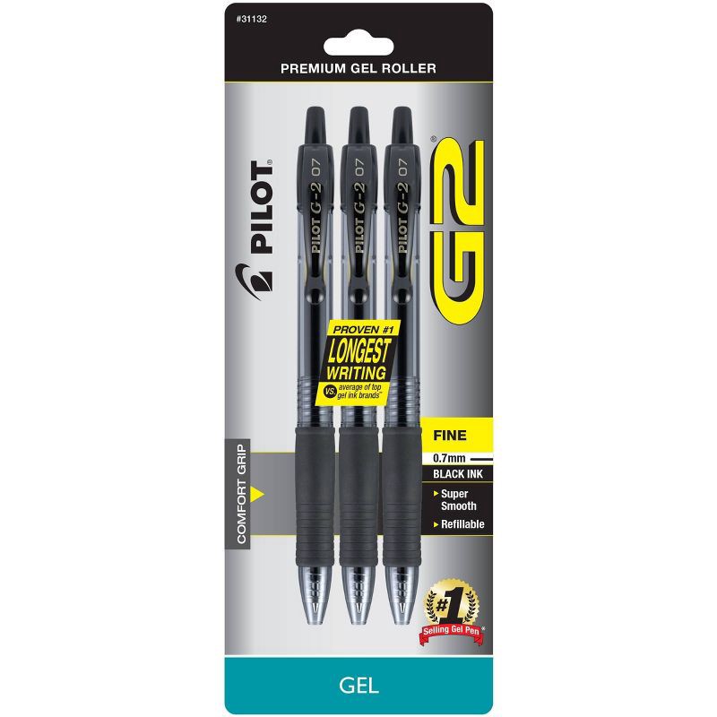 slide 1 of 3, Pilot 3ct G2 Gel Pens Fine Point 0.7mm Black Ink: Retractable, Rubber Grip, Office Stationery, Art Supplies, 3 ct