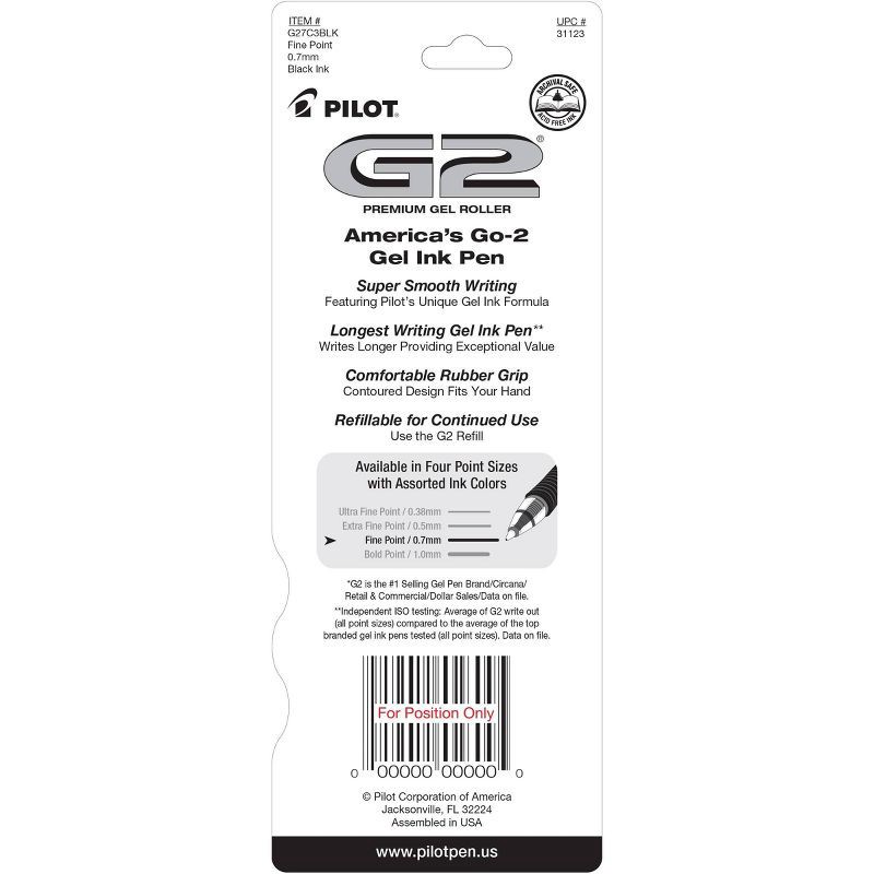 slide 6 of 6, Pilot 3pk G2 Gel Pens Fine Point 0.7mm Black Ink, 3 ct
