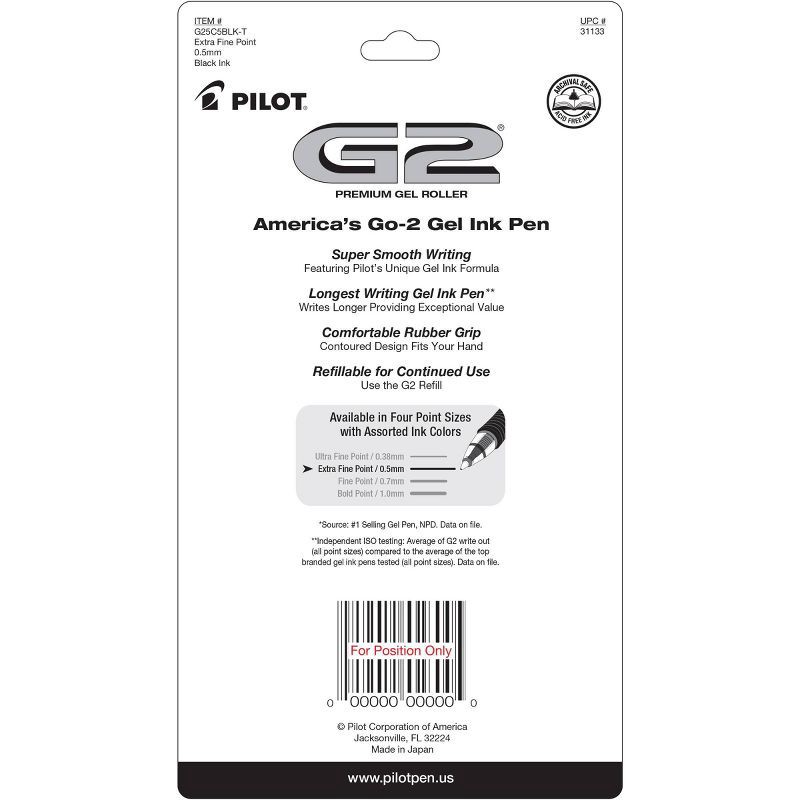 slide 2 of 3, Pilot 5ct G2 Gel Pens Extra Fine Point 0.5mm Black Ink: Retractable Rubber Grip, Art & Stationery, Office Supplies, 5 ct