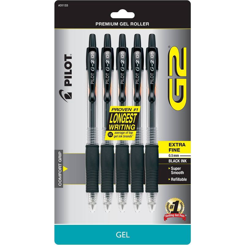 slide 1 of 3, Pilot 5ct G2 Gel Pens Extra Fine Point 0.5mm Black Ink: Retractable Rubber Grip, Art & Stationery, Office Supplies, 5 ct